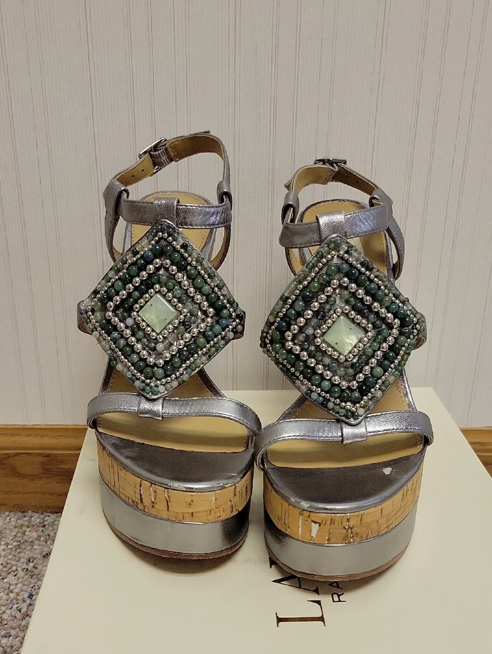 Lauren Ralph Lauren Embellished Silver Cork Wedge Mattie Sandals 6.5 Festival